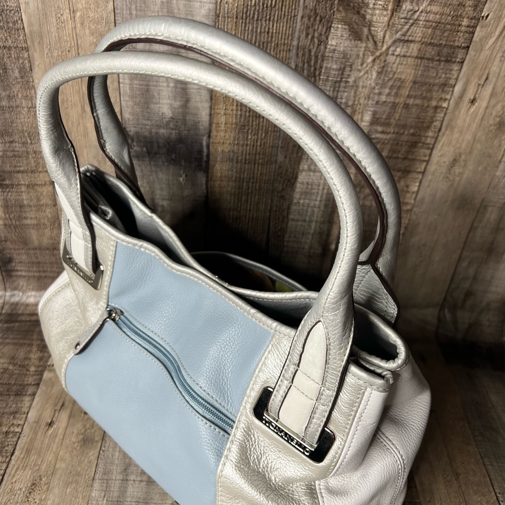 TIGNANELLO Silver Blue Colorblock Leather Satchel Shoulder Bag Belt Accents - Picture 13 of 16